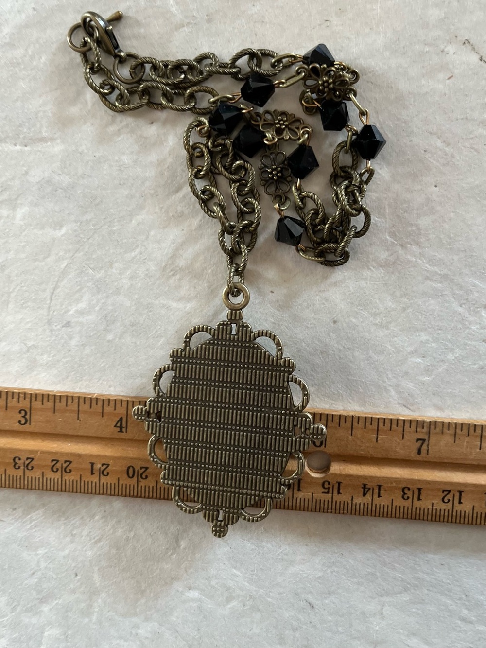 Vintage 1940s Black Glass Goddess Cameo Necklace with Brass Czech Chain - Picture 5 of 16